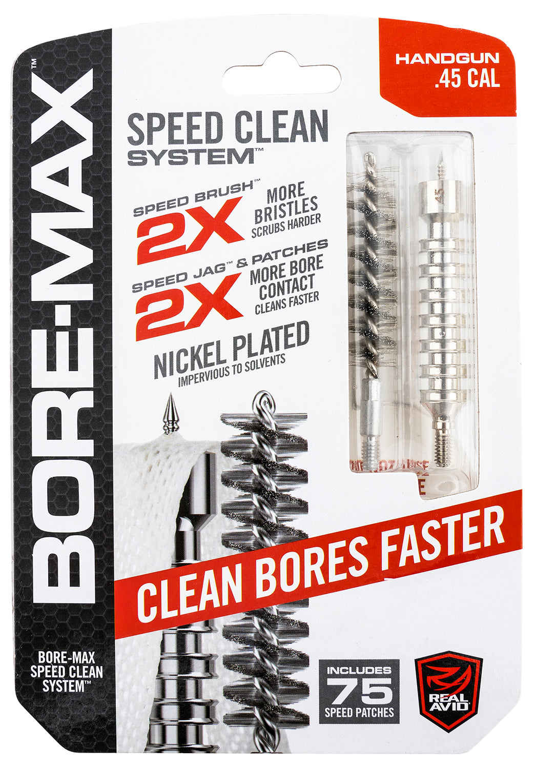 Real Avid Bore-Max Speed Clean Upgrade Set 45 Cal Pistol Nickel-Plated Jag and Brush