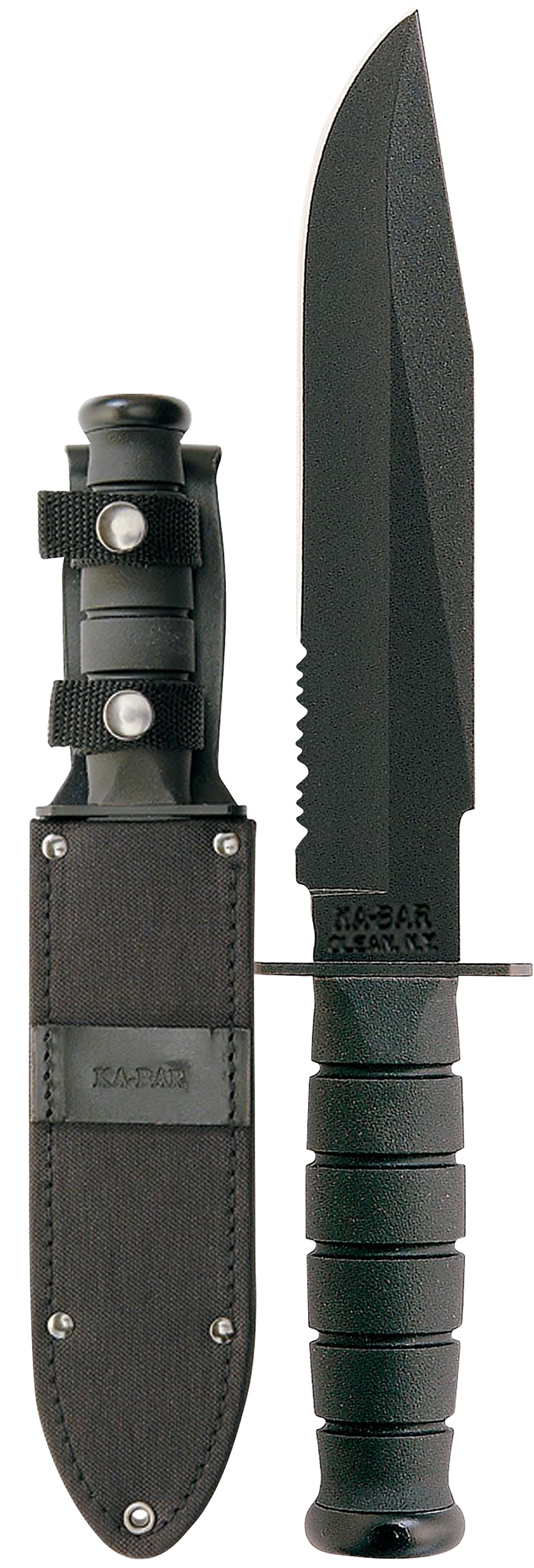 Ka-Bar 1271 Fighter 8" Fixed Clip Point Part Serrated Black 1095 Cro-Van Blade, Black Kraton G Handle with Sheath