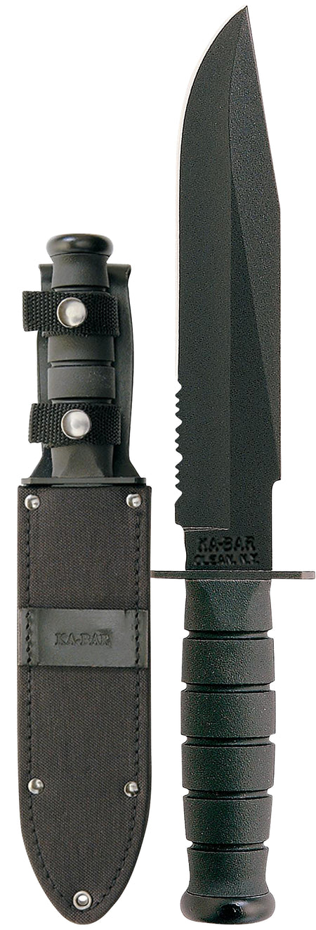 Ka-Bar 1271 Fighter 8" Fixed Clip Point Part Serrated Black 1095 Cro-Van Blade, Black Kraton G Handle with Sheath