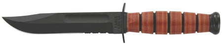 Ka-Bar 1252 USMC Short Knife 5.25" Fixed Clip Point Part Serrated Black 1095 Blade, Brown Leather Handle with Sheath