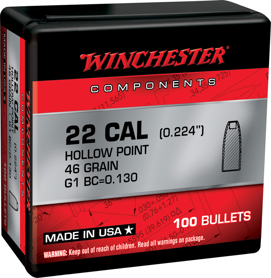 Winchester Reloading Component Bullets .22 Hornet 46 Grain Hollow Point 100/Box