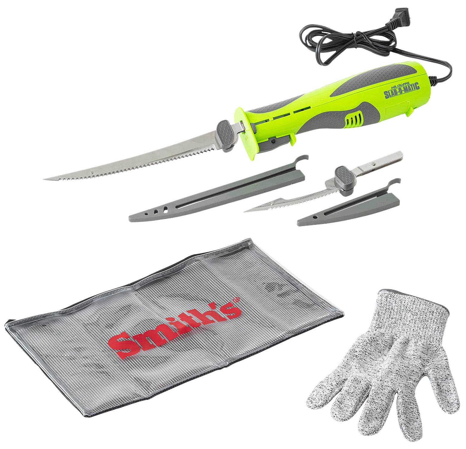 Smiths Mr. Crappie Slab-O-Matic Electric Fillet Knife 8"/4.50" Stainless Steel Blades Electric Green/Gray Vented with Fillet Glove/Storage Bag