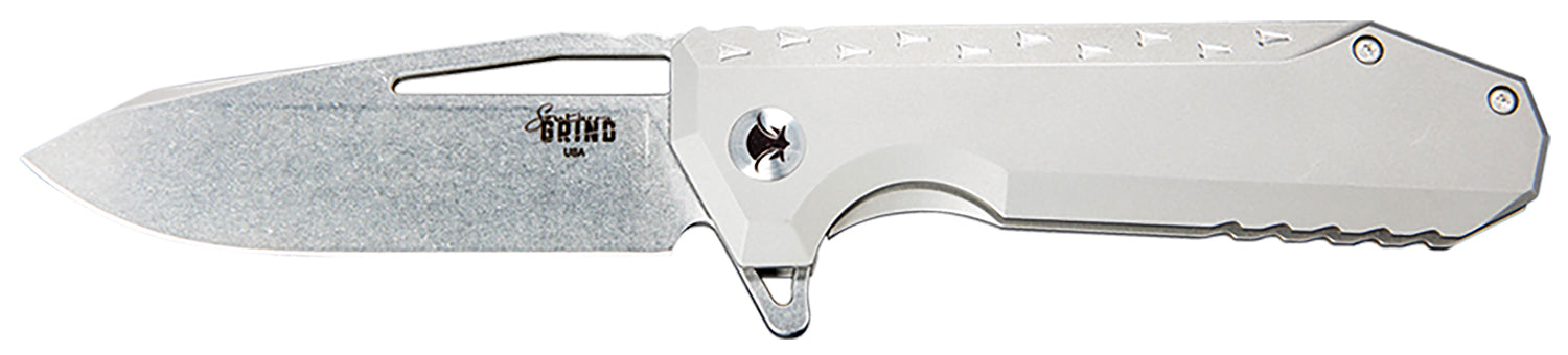 Southern Grind Penguin 3.50" Folding Drop Point Stonewashed CPM S90V Blade, Silver Titanium Handle