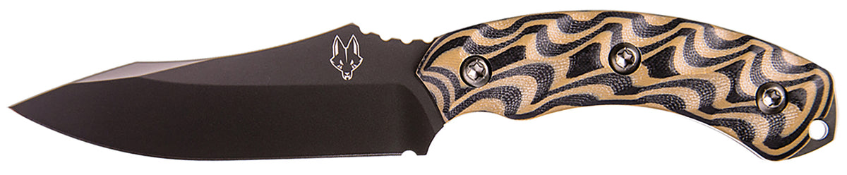 Southern Grind Jackal 4.75" Fixed Drop Point Black PVD 8670 Steel Blade, Black/Tan G10 3D Milled Handle with Kydex Sheath
