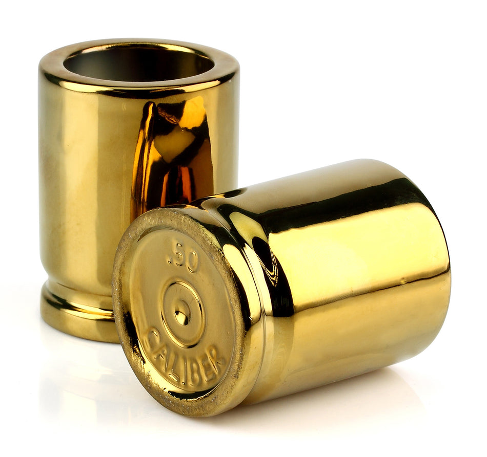 Caliber Gourmet CBGSG1002 50 Caliber Shot Glasses Gold Ceramic - 1 Pair
