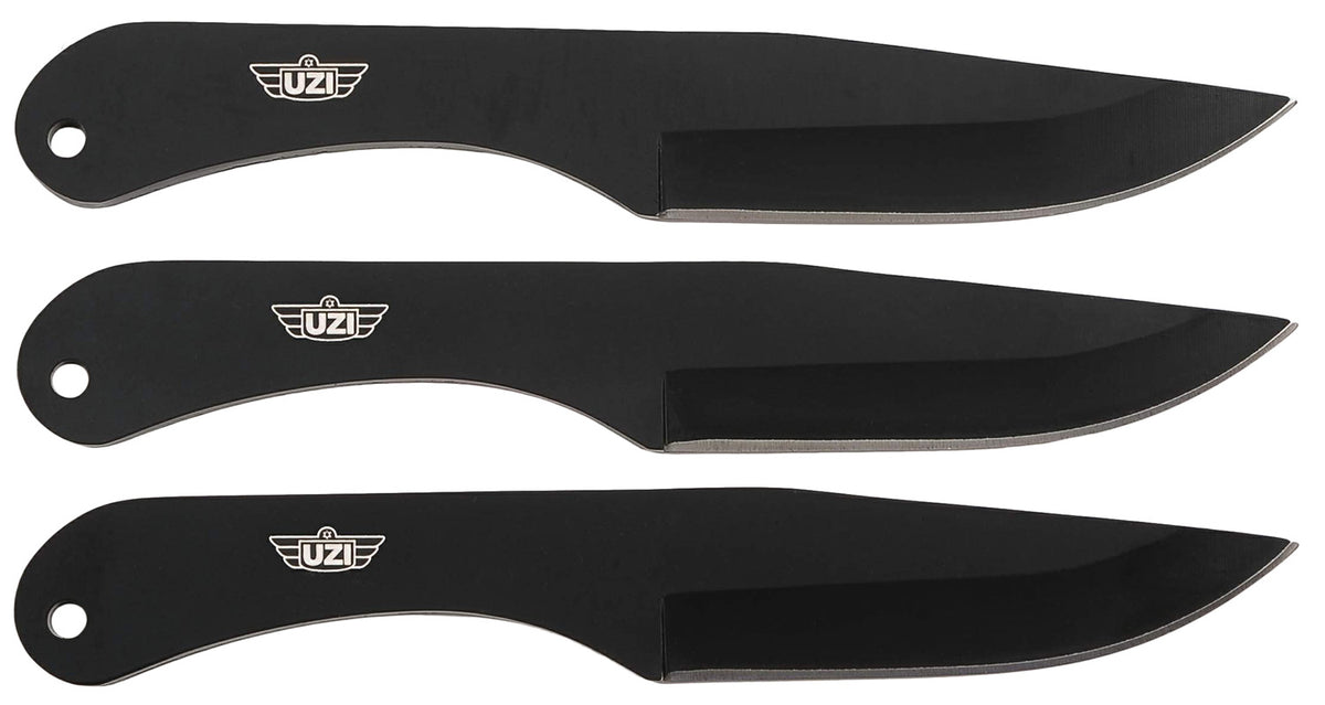 Uzi UZKTRW004 Throwing Knives IV Set of Three 8.25" Plain Black Stainless Steel Blades with Leather Pouch