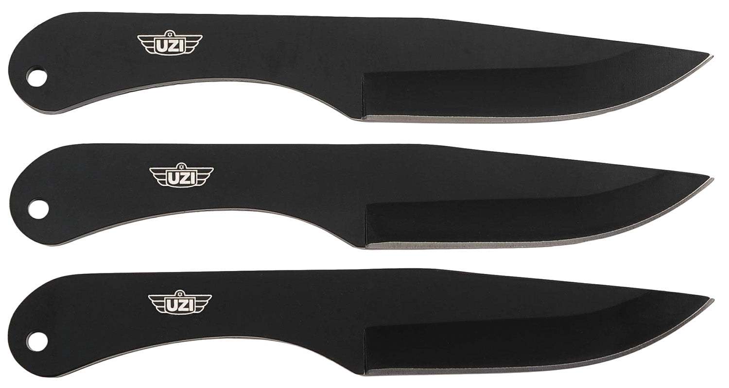 Uzi UZKTRW004 Throwing Knives IV Set of Three 8.25" Plain Black Stainless Steel Blades with Leather Pouch