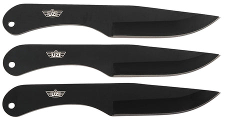Uzi UZKTRW004 Throwing Knives IV Set of Three 8.25" Plain Black Stainless Steel Blades with Leather Pouch