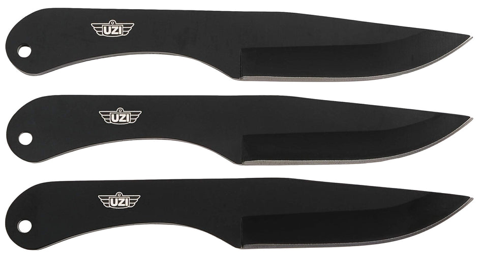Uzi UZKTRW004 Throwing Knives IV Set of Three 8.25" Plain Black Stainless Steel Blades with Leather Pouch