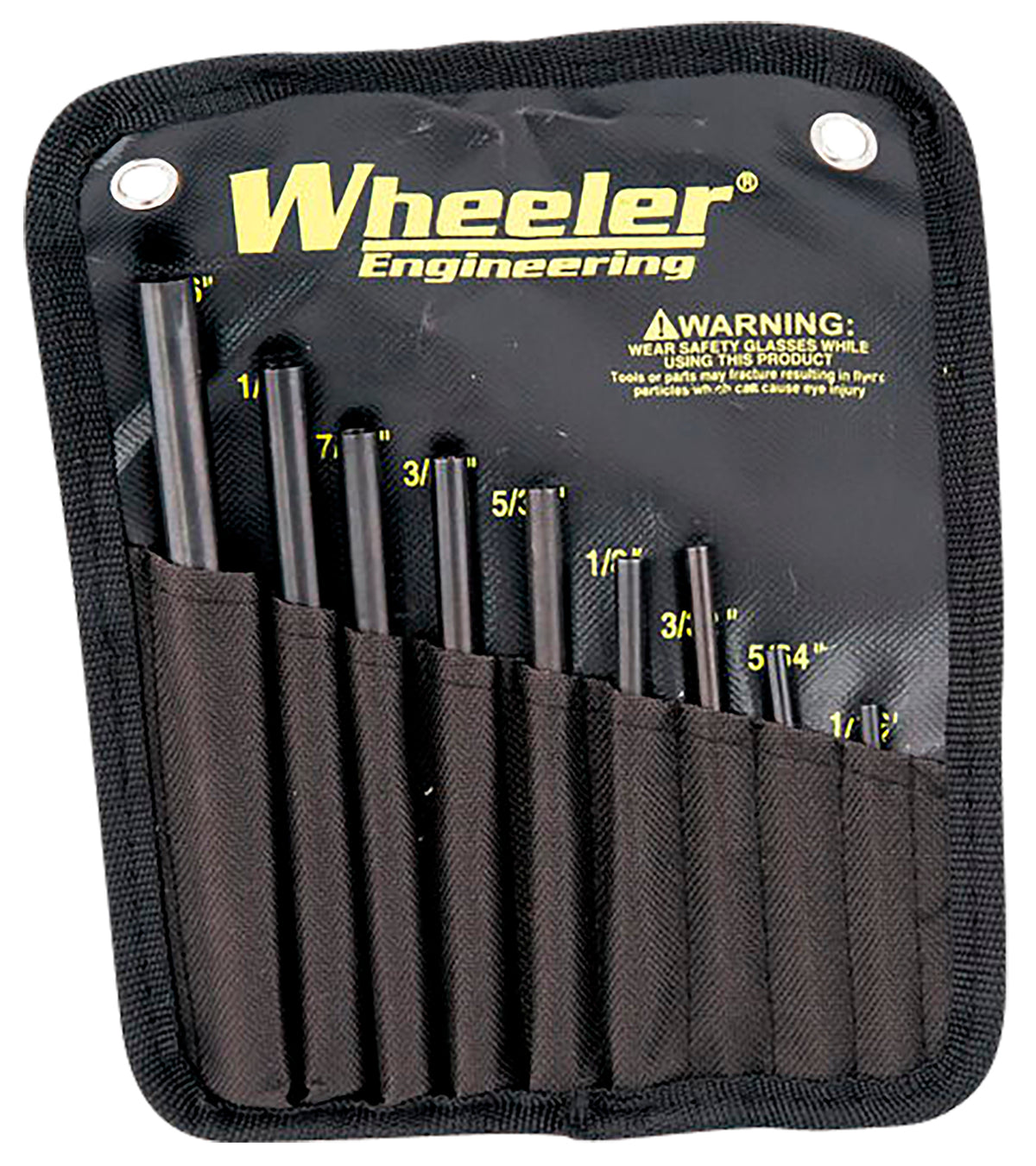 Wheeler 9-Piece Roll Pin Punch Starter Set, Black/Yellow Steel, Knurled Handle with Sheath