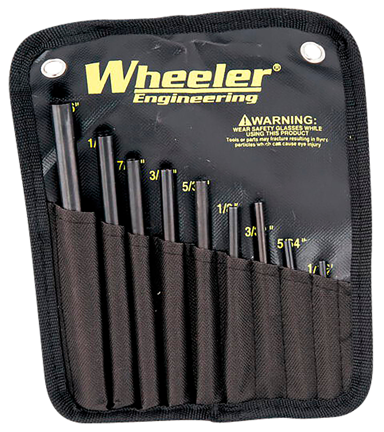 Wheeler 9-Piece Roll Pin Punch Starter Set, Black/Yellow Steel, Knurled Handle with Sheath