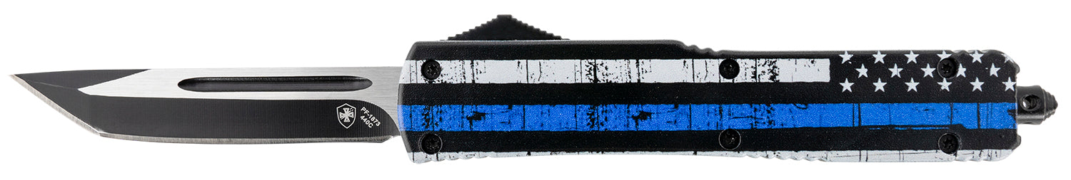 Templar Knife MBTB231 Gen II Back The Blue Slim OTF Tanto 3.43" Black Oxide 440C SS Blade, 5.05" Black & White Blue Line Aluminum Handle Glass Breaker