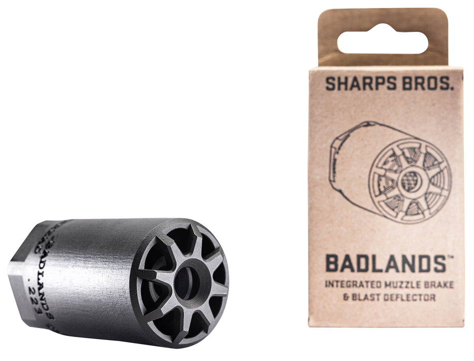 Sharps Bros Badlands Muzzle Brake/Blast Deflector 1/2"-28 Stainless Nitride Multi-Cal (.223-.354)
