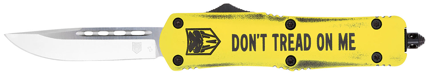 CobraTec FS-3 Don't Tread On Me Medium OTF Drop Point 3" Plain D2 Steel Blade Yellow Cerakoted Aluminum Handle w/ Glass Breaker
