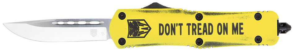 CobraTec FS-3 Don't Tread On Me Medium OTF Drop Point 3" Plain D2 Steel Blade Yellow Cerakoted Aluminum Handle w/ Glass Breaker