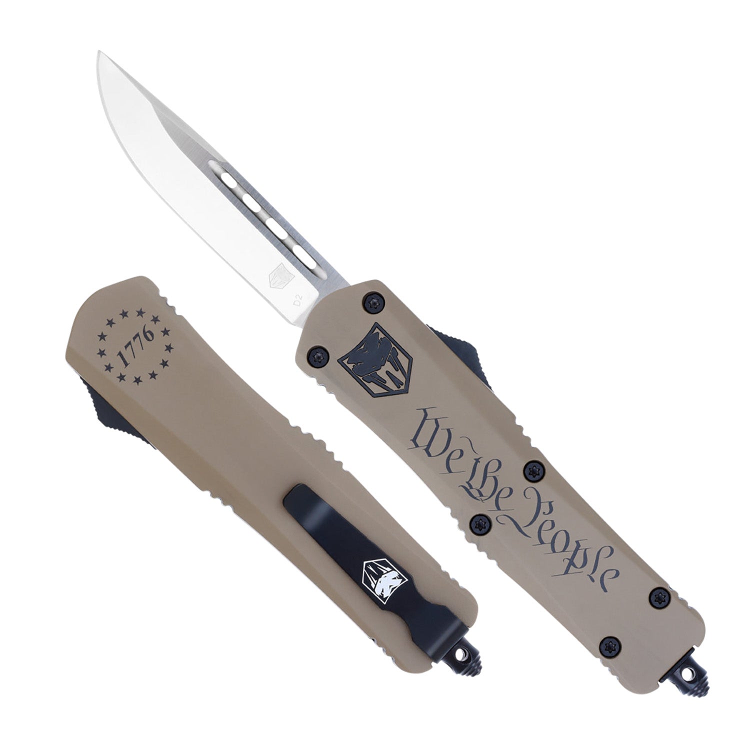 CobraTec FS-3 We The People Medium OTF Drop Point 3" Plain D2 Steel Blade Tan Cerakoted Aluminum Handle w/ Glass Breaker
