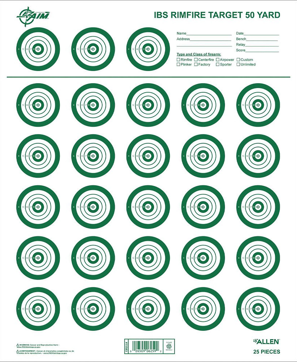 EZ-Aim 15582 Official IBS 50-Yard Rimfire Paper Target, White/Green, 25-Pack