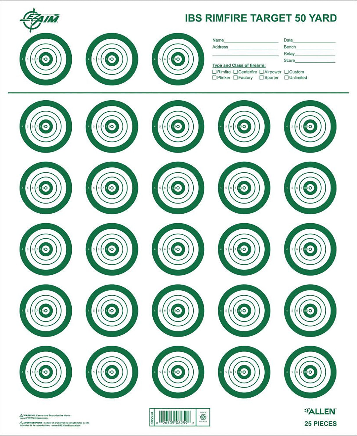 EZ-Aim 15582 Official IBS 50-Yard Rimfire Paper Target, White/Green, 25-Pack
