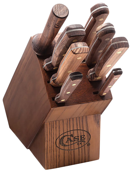 Case 10249 Household Cutlery 9-Piece Set Plain/Serrated Satin Tru-Sharp SS Blades with Walnut Handles and Hardwood Block