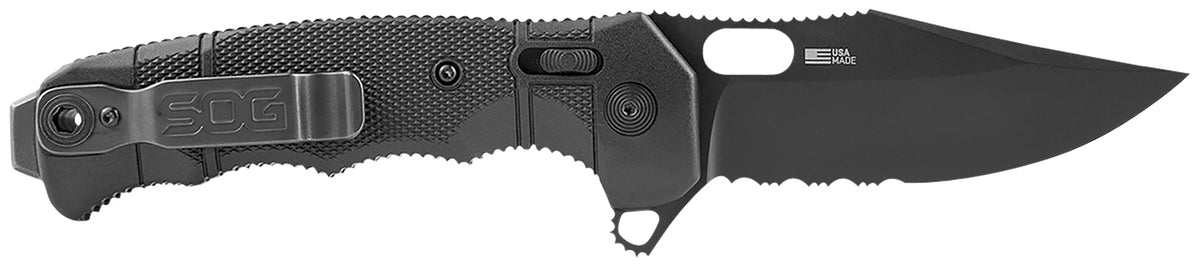 SOG SEAL XR Folding Knife 3.90" Clip Point Part Serrated S35VN Blade Black Cerakote Finish Black GRN Handle with Belt Clip