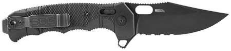 SOG SEAL XR Folding Knife 3.90" Clip Point Part Serrated S35VN Blade Black Cerakote Finish Black GRN Handle with Belt Clip