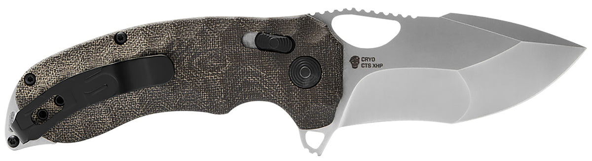 SOG Kiku XR Folding Knife 3.03" Tanto Plain Satin CTS XHP Blade Deep Textured Green Linen Micarta Handle with Belt Clip
