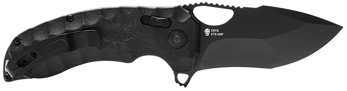 SOG Kiku XR Folding Knife 3.03" Tanto Plain Satin CTS XHP Blade Deep Textured Black Linen Micarta Handle with Belt Clip