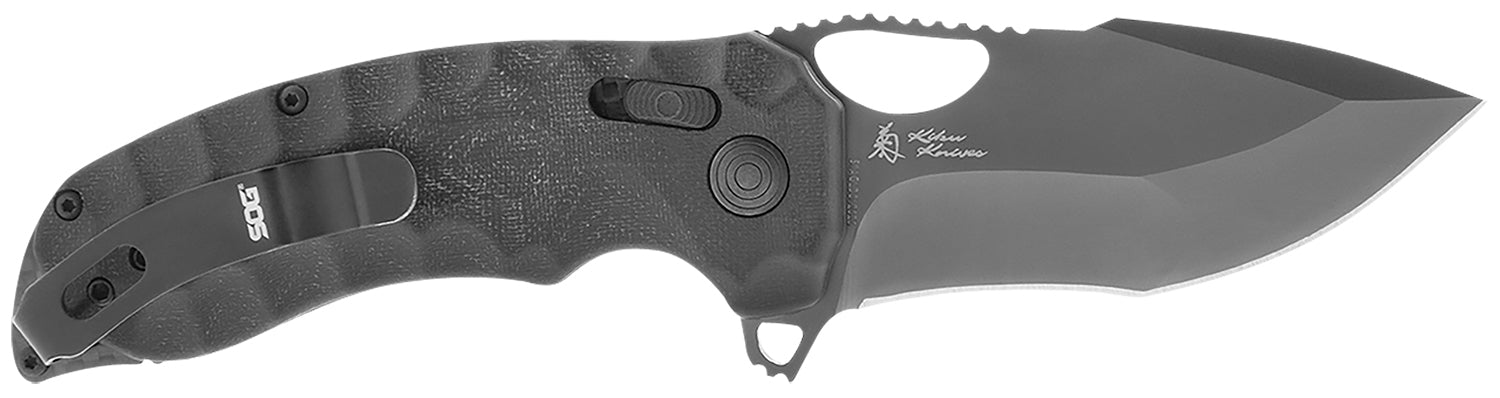 SOG Kiku XR LTE Folding Knife 3.02" Tanto Plain Cryo CTS XHP Blade Black Linen Micarta Handle with Belt Clip