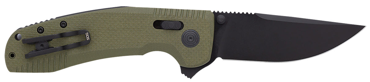 SOG SOG-TAC XR Folding Knife 3.39" Clip Point Plain Black TiNi Cryo D2 Steel Blade OD Green G10 Handle with Pocket Clip