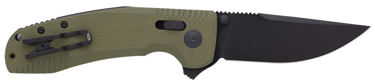 SOG SOG-TAC XR Folding Knife 3.39" Clip Point Plain Black TiNi Cryo D2 Steel Blade OD Green G10 Handle with Pocket Clip
