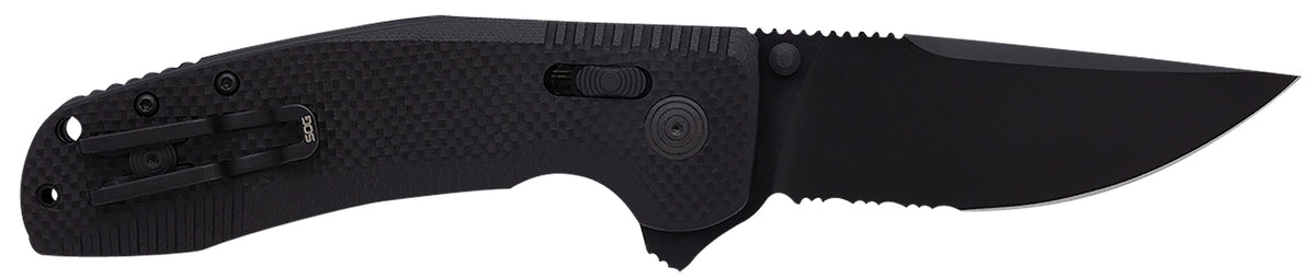 SOG SOG-TAC XR Folding Knife 3.39" Clip Point Part Serrated Black TiNi Cryo D2 Steel Blade Blackout G10 Handle with Pocket Clip