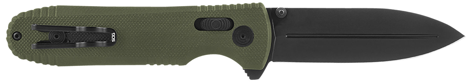 SOG Pentagon XR Folding Knife 3.60" Spear Point Plain Black TiNi Cryo CTS XHP Blade OD Green G10 Handle with Pocket Clip