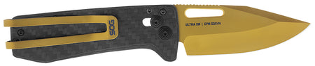 SOG Ultra XR Folding Knife 2.80" Clip Point Plain Gold TiNi Cryo S35VN Steel Blade Black Textured Carbon Fiber Handle with Pocket Clip