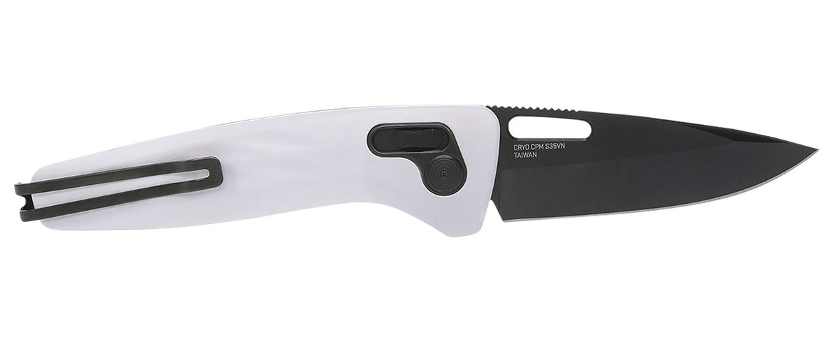 SOG One-Zero XR Folding Knife 3.10" Plain Black Chrome Cryo CPM S35VN Steel Blade White Sculpted Aluminum Handle