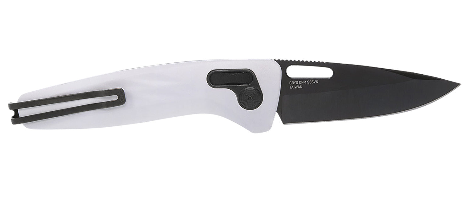 SOG One-Zero XR Folding Knife 3.10" Plain Black Chrome Cryo CPM S35VN Steel Blade White Sculpted Aluminum Handle