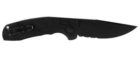 SOG SOG-TAC Auto 3.43" Folding Part Serrated Black TiNi Cryo D2 Steel Blade Black Textured Aluminum Handle with Pocket Clip