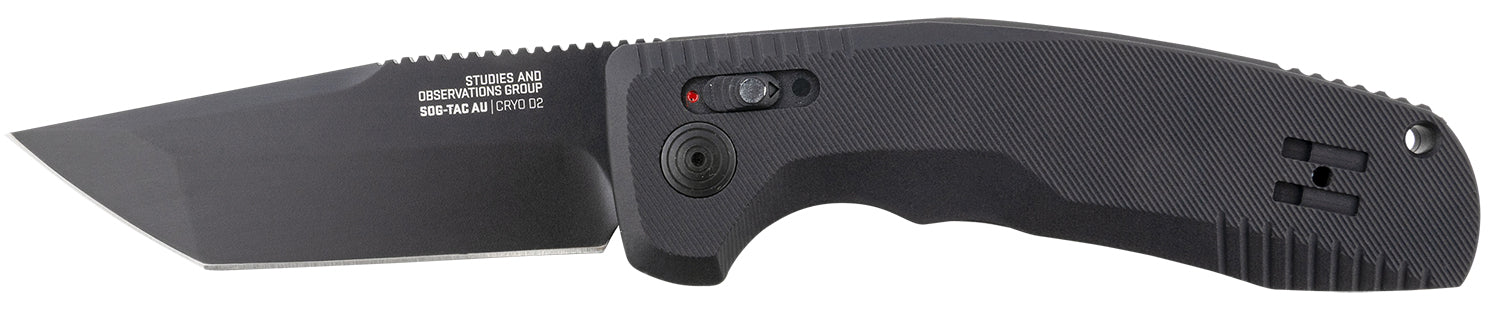 SOG SOG-TAC Auto 3.43" Folding Tanto Plain Black TiNi Cryo D2 Steel Blade Black Textured Aluminum Handle with Pocket Clip