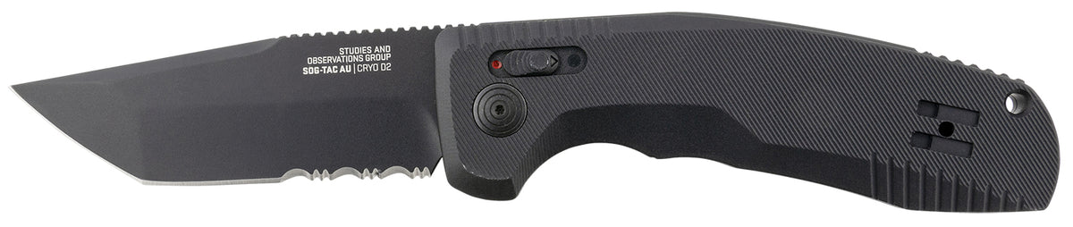 SOG SOG-TAC Auto 3.43" Folding Tanto Part Serrated Black TiNi Cryo D2 Steel Blade Black Textured Aluminum Handle with Clip
