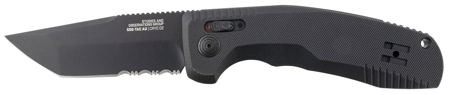 SOG SOG-TAC Auto 3.43" Folding Tanto Part Serrated Black TiNi Cryo D2 Steel Blade Black Textured Aluminum Handle with Clip