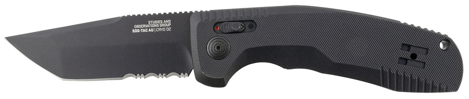 SOG SOG-TAC Auto 3.43" Folding Tanto Part Serrated Black TiNi Cryo D2 Steel Blade Black Textured Aluminum Handle with Clip