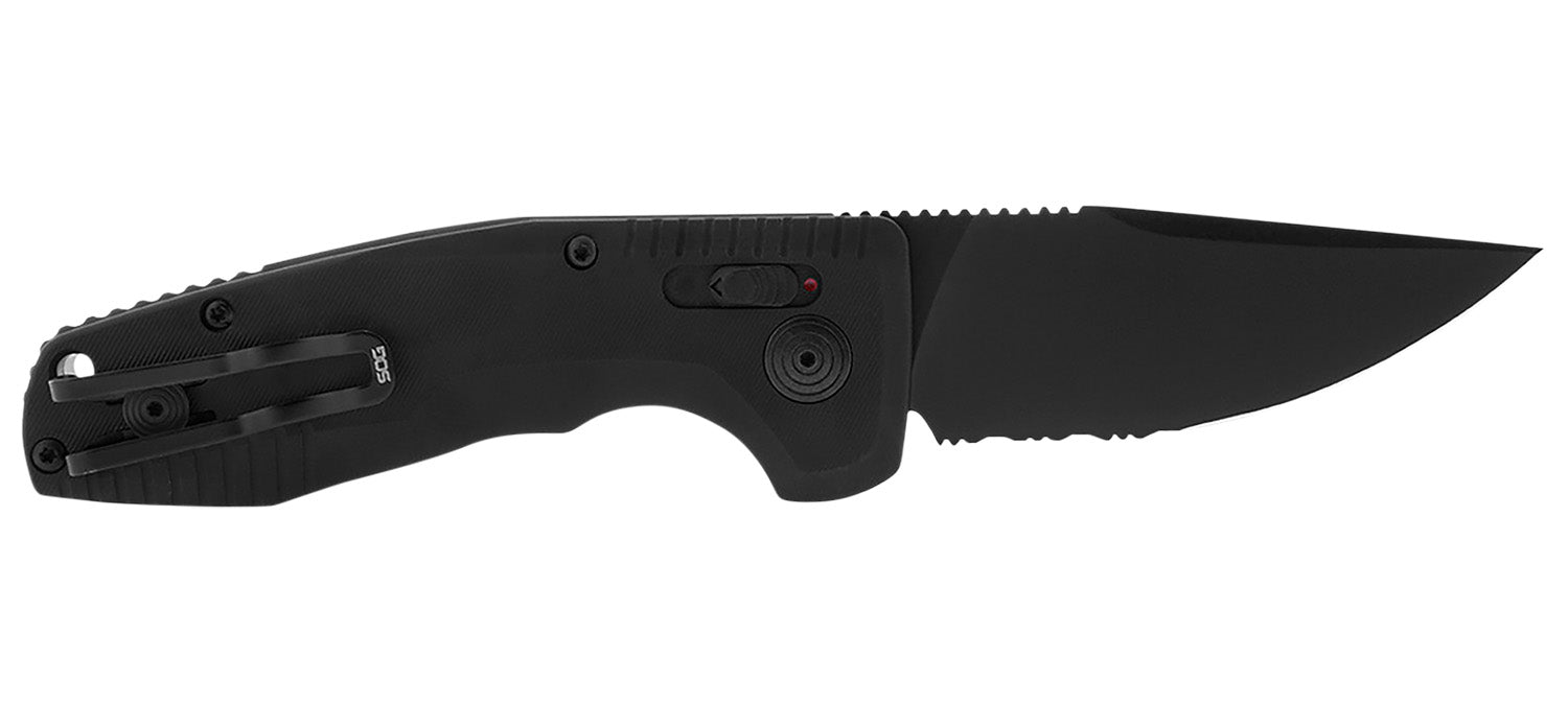 SOG SOG-TAC Auto Compact 2.94" Folding Straight Back Part Serrated Black TiNi Cryo D2 Steel Blade Black Aluminum Handle with Clip