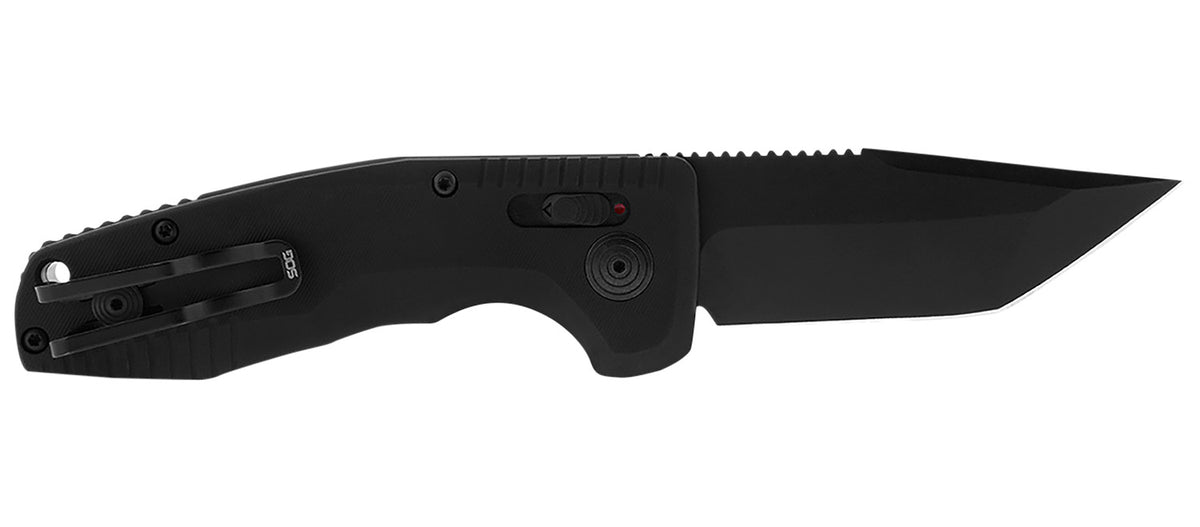 SOG SOG-TAC Auto Compact 2.94" Folding Tanto Part Serrated Black TiNi Cryo D2 Steel Blade Black Aluminum Handle with Clip