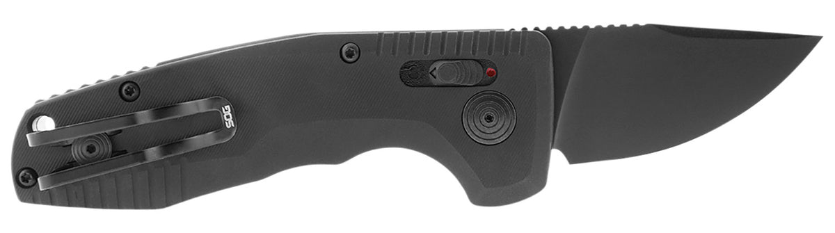 SOG SOG-TAC Auto Compact CA 1.96" Folding Straight Back Plain Black TiNi Cryo D2 Steel Blade Black Textured Aluminum Handle with Clip