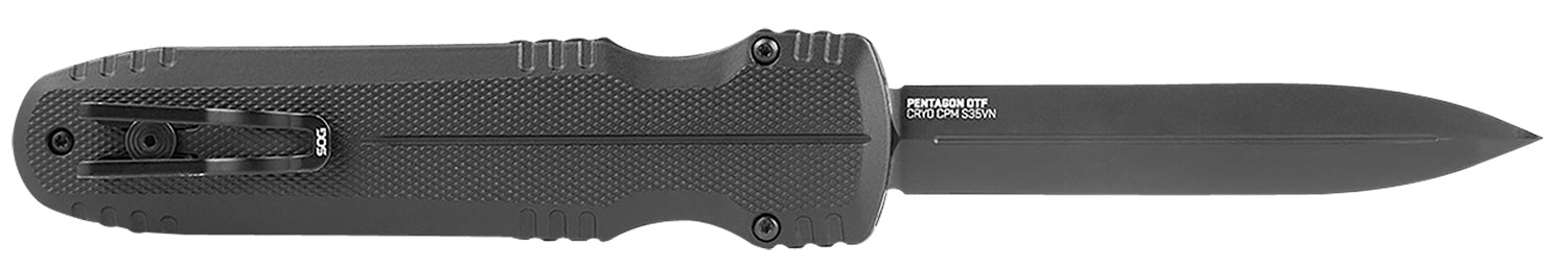 SOG Pentagon OTF 3.79" Out-the-Front Spear Point Plain Black TiNi Cryo CPM S35VN Blade Blackout Aluminum Handle