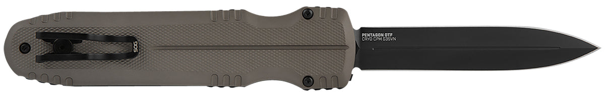 SOG Pentagon OTF 3.79" Out-the-Front Spear Point Plain Black TiNi Cryo CPM S35VN Blade Flat Dark Earth Aluminum Handle
