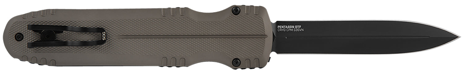 SOG Pentagon OTF 3.79" Out-the-Front Spear Point Plain Black TiNi Cryo CPM S35VN Blade Flat Dark Earth Aluminum Handle
