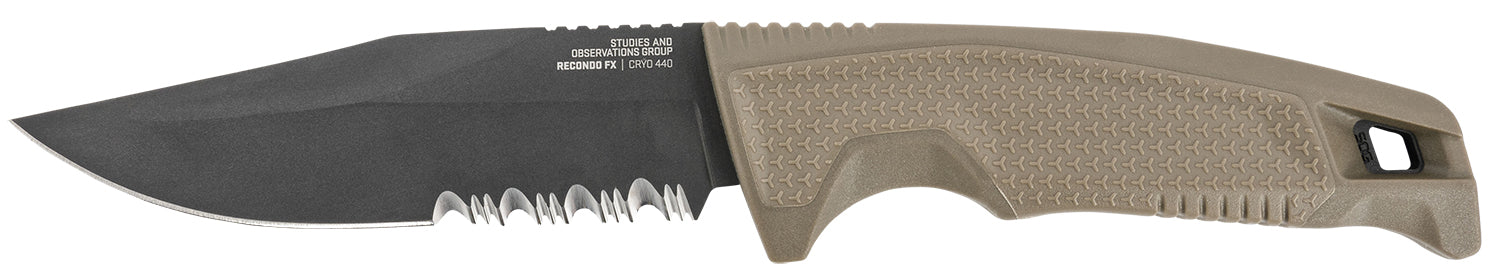 SOG Recondo FX 4.60" Fixed Blade Part Serrated Satin TiCN Cryo 440C SS Blade FDE Overmolded Rubberized Grip Includes Sheath
