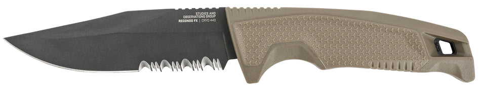 SOG Recondo FX 4.60" Fixed Blade Part Serrated Satin TiCN Cryo 440C SS Blade FDE Overmolded Rubberized Grip Includes Sheath