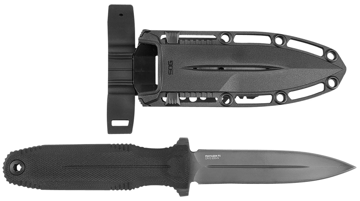 SOG Pentagon FX 4.77" Fixed Spear Point Black TiN Cryo CPM S35VN Blade, G10 Blackout Handle with Sheath