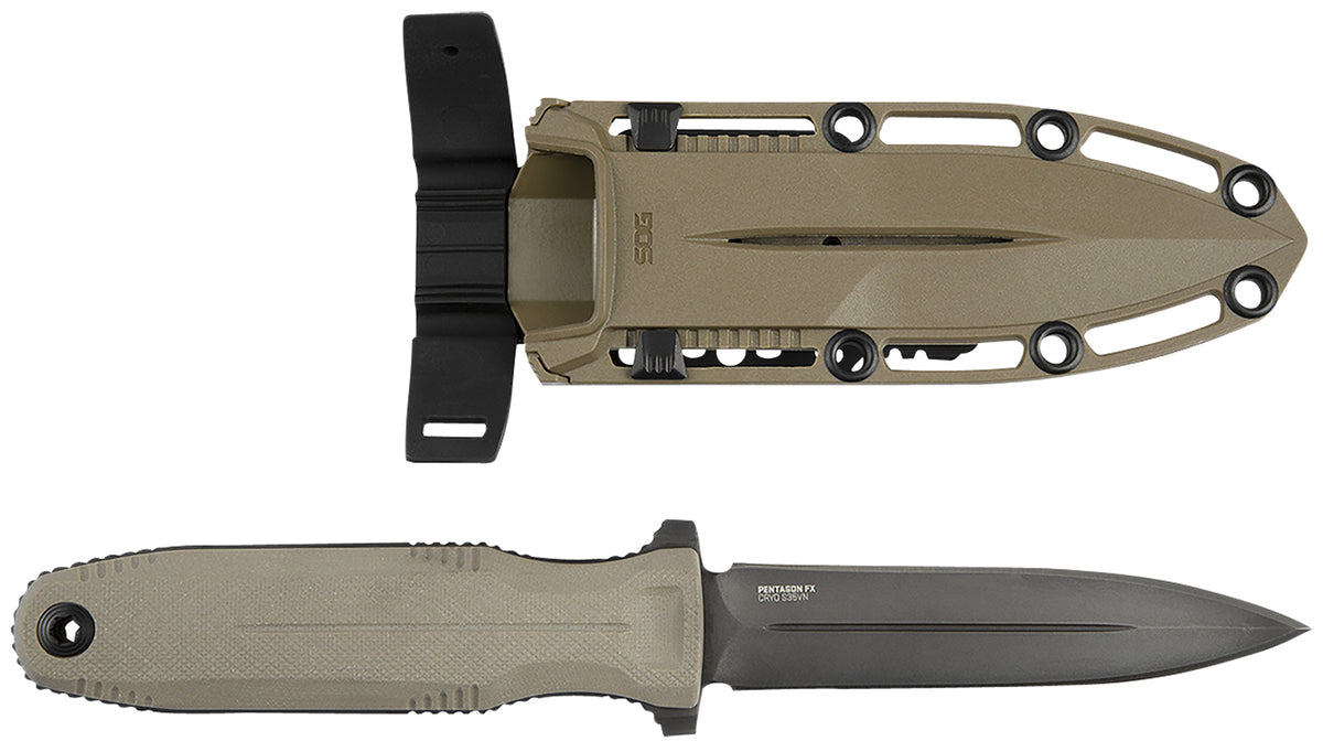 SOG Pentagon FX 4.77" Fixed Spear Point Black TiN Cryo CPM S35VN Blade, G10 Flat Dark Earth Handle with Sheath